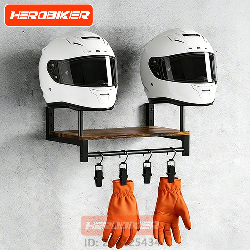 Motorcycle Gear Holder - Motorcycle Helmet Wall Mount Wooden Shelf
